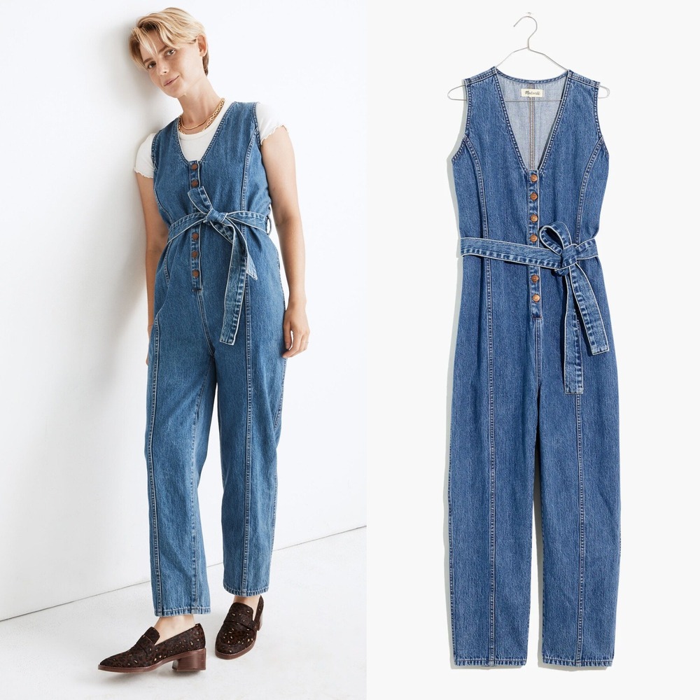 Madewell Denim Sleeveless Tie-Waist Jumpsuit in Belvoir Wash Small Blue Belted